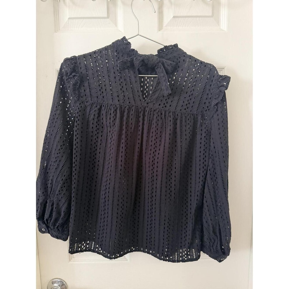 Madewell‎ Black Eyelet Ruffle Long Sleeve Blouse XXS - Picture 3 of 4